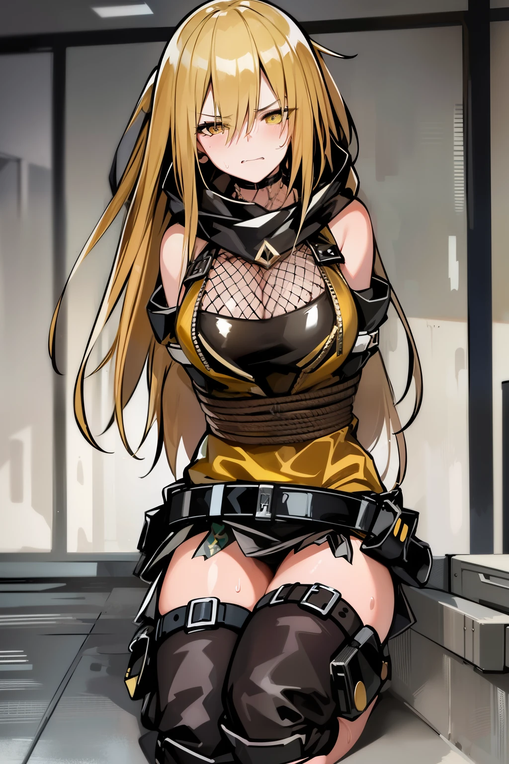 (Best Quality, masutepiece:1.2), 超A high resolution, (((hands tied behind))), (((arms behind back))), ((Shibari)), Wrapped in a rope, ((((Bondage)))), ((Rope Bondage)), Exquisite details and textures, ((The rope is wrapped around the body many times)), ((brown Rope)), Bondage, fishnet, sweat, clenching, scowl, teeth, blush, Exquisite details and textures, Bondage, Origen, 1girl in, Solo, Detailed face, large full breasts, Yellow hair, Yellow Eye, (Fishnet), Black hood, Black thighs, Black groove, wariza, Sitting on the floor, Thigh high socks, blush, full of sweat, Ultra Detail, Thighs together, Concrete floors, Concrete walls, in a basement, underground room, Indoors, Surreal, Insanely detailed, Detailed face, extremely detailed texture, scowl, Sweat,