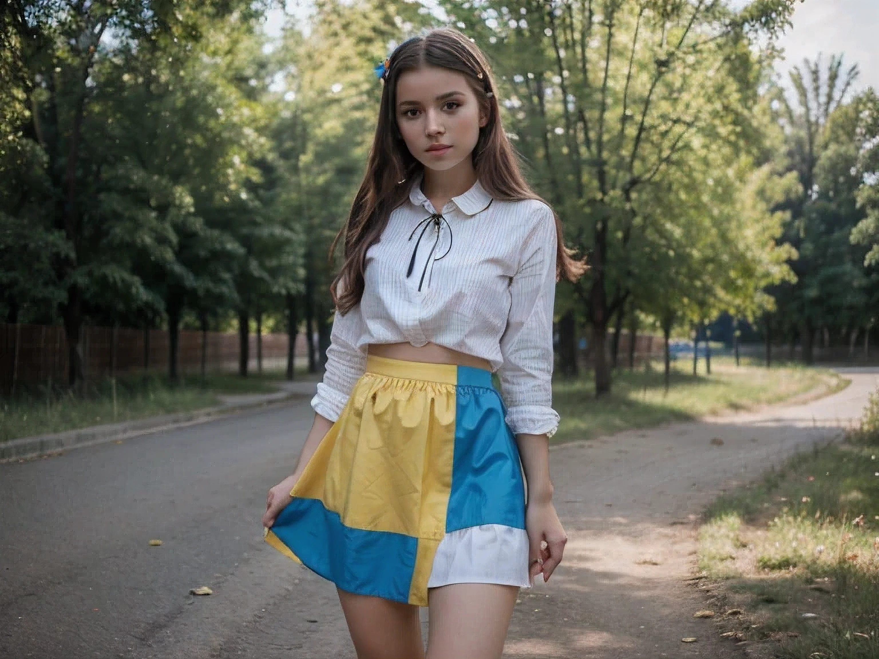 girl in Ukrainian folk clothes, vyshyvanka, and a skirt to mid-thigh, she stay on Ukrainian flag ang kiss an Russian flag