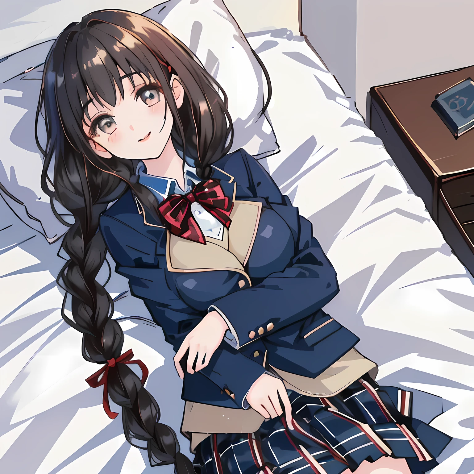 highest quality, (masterpiece:1.2), High resolution, perfect pixel, A very beautiful woman is lying on the bed, 16 years old, ((detailed eyes)), ((girly large wine-red glossy polyester Japanese school ribbon bow tie)), (((long beautiful wavy hair))), ((untied braids)), ((((dark blue & deep navy colored tartan checkered long skirt)))), ((A formal dark blue blazer that is slightly larger and has a gold emblem on the left chest that feels like the texture of the cloth.)), Watching the viewer and laughing, the skirt is so cute, detailed fingers, modest chest, curled bangs, Lip balm, The background is a black bed in a night room, Beautiful down to the tips of her legs, I want to be intricately intertwined., I want to hug you, checkered comforter, checkered bed sheet, cute long ribbons on the bed