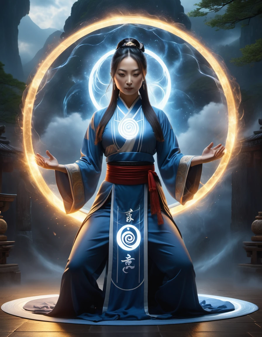 magic circle，best quality,4k,8k,highres,masterpiece:1.2,ultra-detailed,realistic,acrylic style,tai chi, yin yang, eight trigrams,3d rendering，female Taoist priest practicing yoga，Light and shadow photography，background：An unusual amount of magic spells rained down