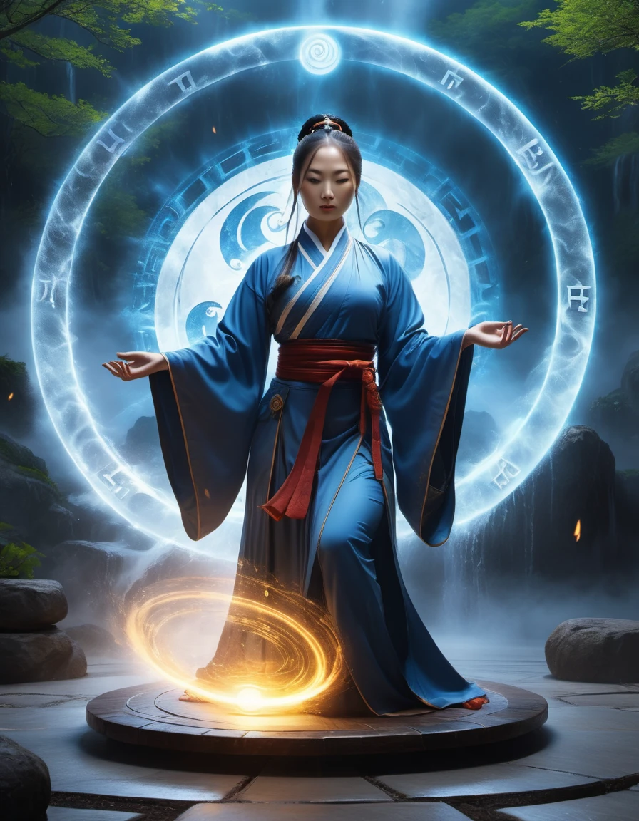 magic circle，best quality,4k,8k,highres,masterpiece:1.2,ultra-detailed,realistic,acrylic style,tai chi, yin yang, eight trigrams,3d rendering，female Taoist priest practicing yoga，Light and shadow photography，background：An unusual amount of magic spells rained down