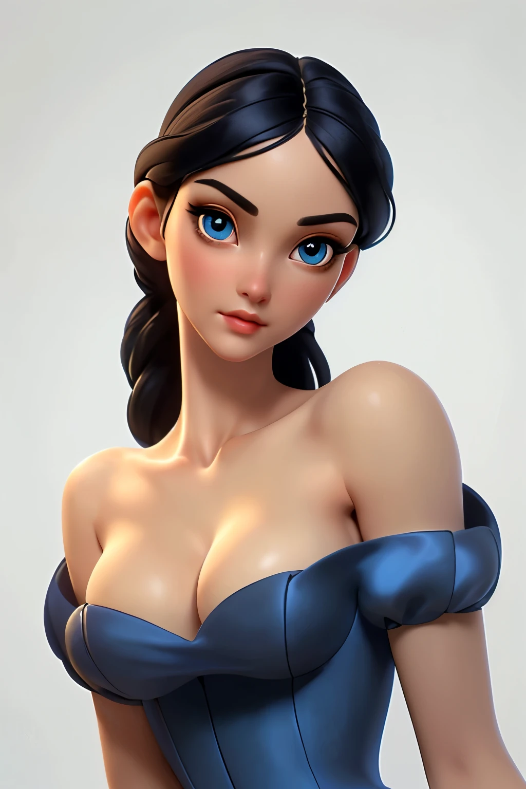 beautiful eyes, cleavage, , Blue dress, best quality, masterpiece, ultra high resolution, sharp focus , Extremely detailed eyes and face, Beautiful and delicate eyes,,(white background:1.2), ((masterpiece, best quality)),black hair,wheat colored skin,slender waist