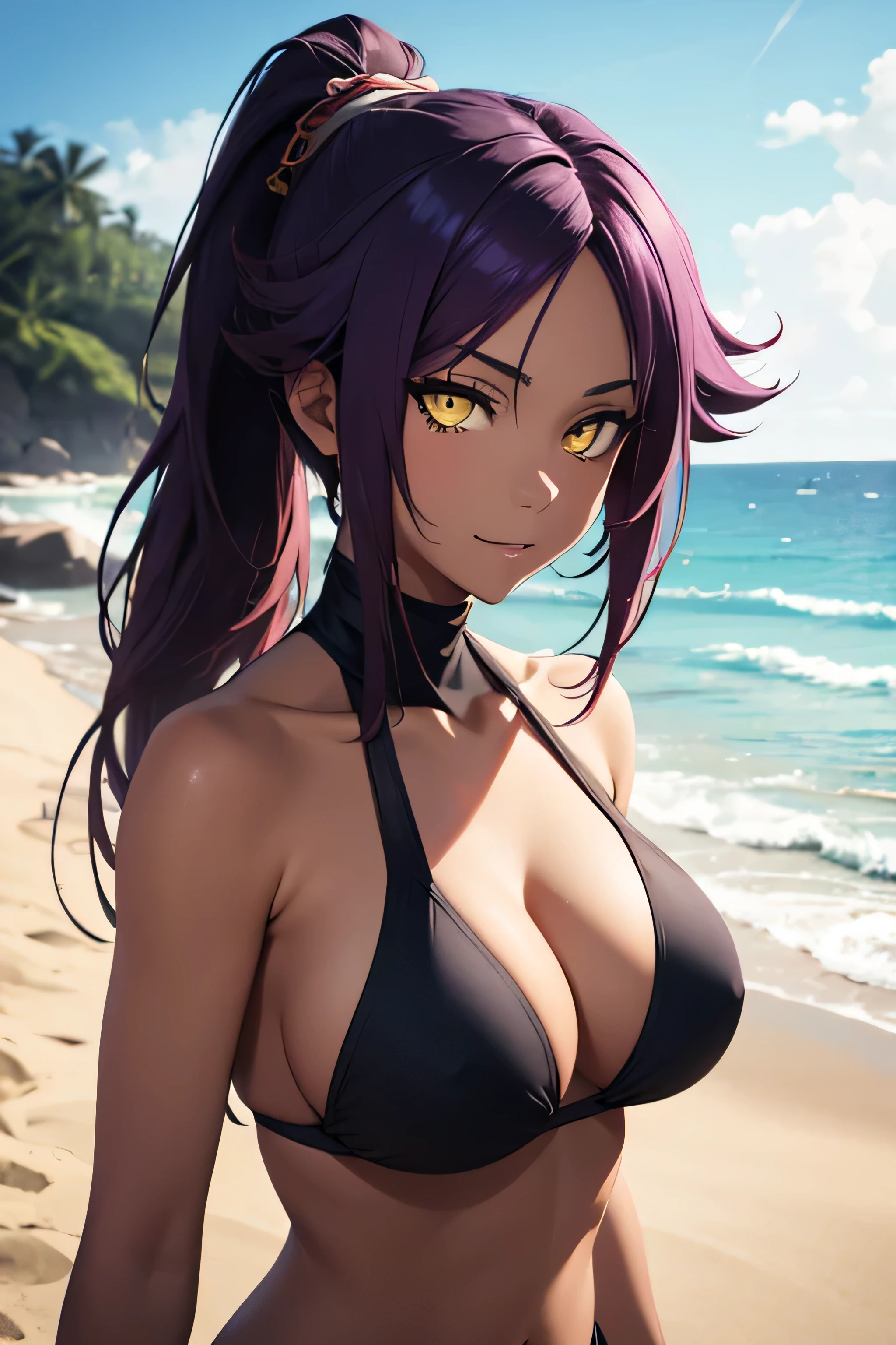 absurdres, high res, ultrasharp, 8K, {masterpiece}, expressive eyes, extremely detailed, best quality, perfect face, yoruichi shihouin, long hair, (yellow eyes:1.5), ponytail, purple hair, dark skin, dark-skinned female, large breasts, pleased, beach, monokini,