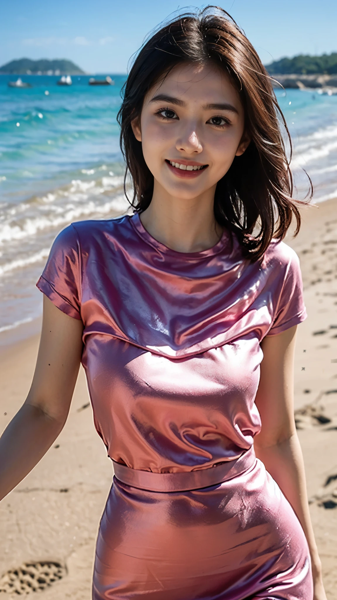 Slender Asian Girl, 8k, masterpiece, RAW photo, best quality, photorealistic, extremely detailed CG unity 8k wallpaper, Depth of field, Cinematic Light, Lens Flare, Ray tracing, (extremely beautiful face, beautiful lips, beautiful eyes), intricate detail face, ((ultra detailed skin)), kpop-idol, ((Beach Walking)), Cocktail glass in hand, ((satin silky Pink T-shirt)), ((satin silky pink skirt)), ((Top Quality, 8K, Masterpiece: 1.3)), sharp focus: 1.2, a beautiful woman with perfect figure: 1.4, ((Beautiful Big smile)), ((smile: 1.2)), The face and skin texture are delicately depicted, Detailed Eyes, skiny, beautifull face, symmetrical face, full-length, Walking in sand and sea water, Sexy poses, 4 Different types poses, ((Super Round breasts under the dress)) , Beautiful Thighs, ((Perfect thighs)), stylish Poses,