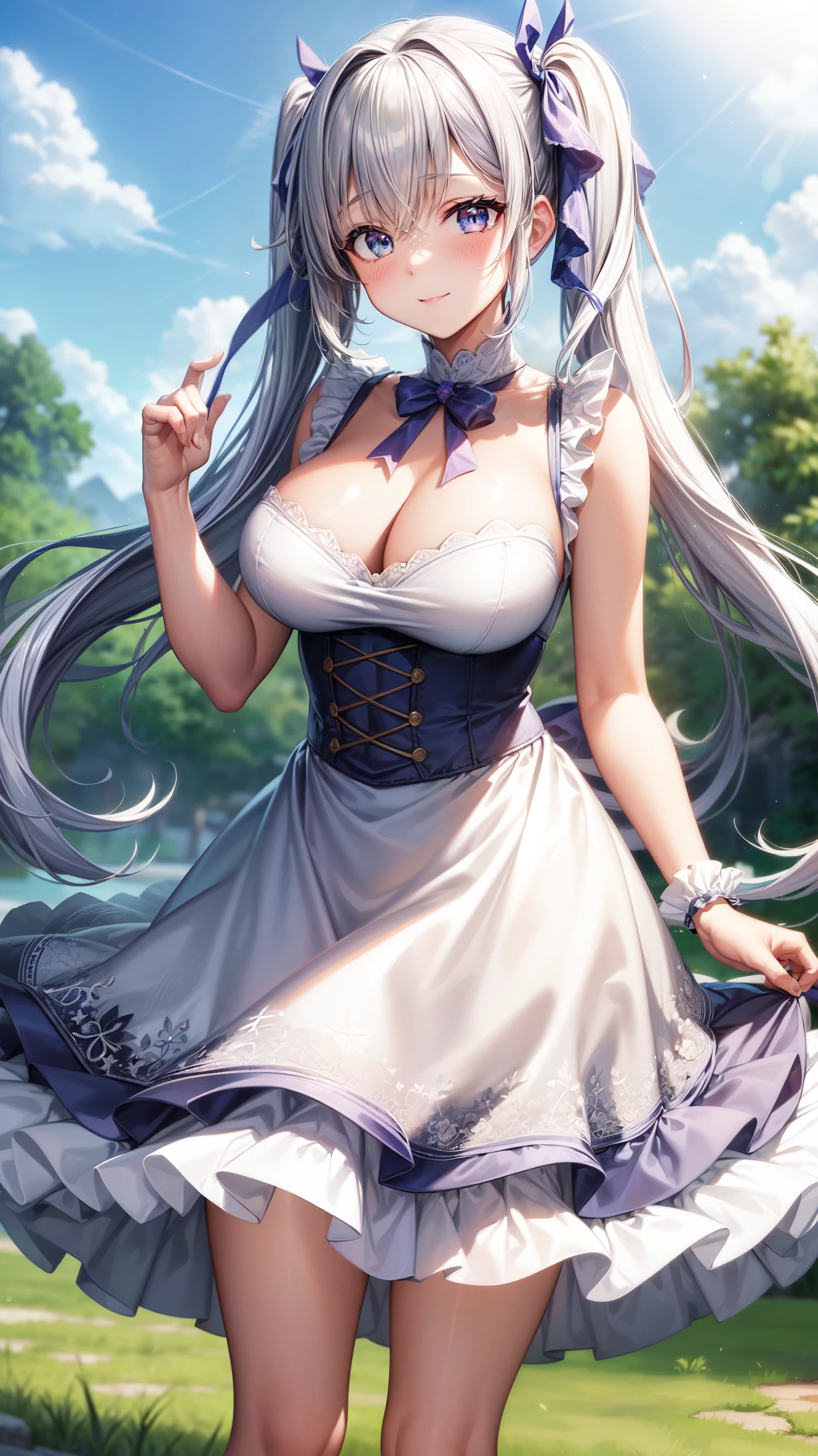 (Ultra-high resolution of the highest quality, masutepiece, Best Quality, 8K, Super Detail, Best Quality:1.3), 1 girl, large breasts, drooping eyes, blush cheek, long twin tails, silver hair, smile, blue eyes, ribbons in hair, gown, blue sky, Europe, front view, sunshine, beautiful hair, cute face, cool