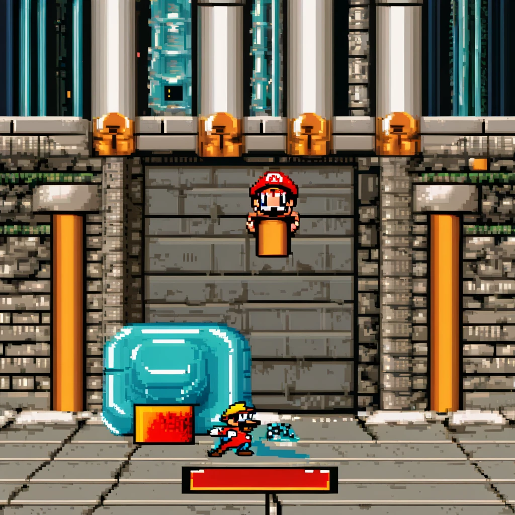 dosvga style, (super mario,rockman,mega man,retro game:1.1),(platform game:1.1),pixel art,old school graphics,(best quality,4k,8k,highres,masterpiece:1.2),vibrant colors,classic 8-bit sound effects,action-packed,exciting gameplay,adventurous levels,detailed backgrounds,playable characters,power-ups,enemies,tricky obstacles,adrenaline rush,jumping and running,iconic characters,collecting coins,bonus stages,multiplayer mode,fast-paced,retro gaming nostalgia