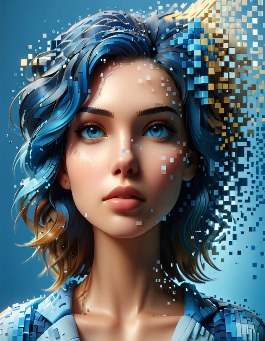 A blue gradient color dissolved pixel wall of a beautiful woman&#39;s head，3D voxel blocks，A structure that starts out intact but gradually disintegrates in the air，Sunlight shines in through the partially hollowed out，background universe