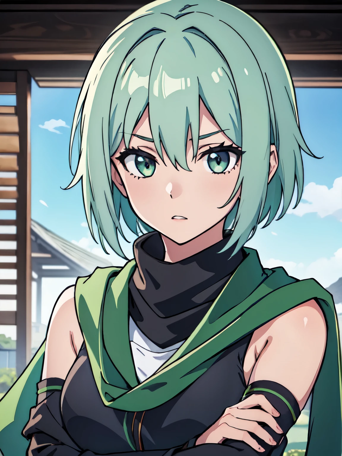 masterpiece, best quality, 1girl, short green pastel hair, black shirt, turtleneck, long scarf, green scarf, armor, shinobi, ponytail, glasses, smile