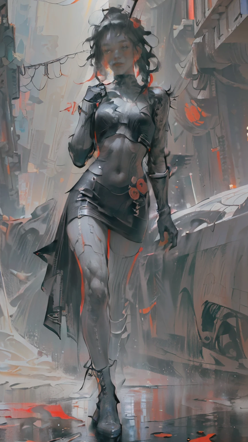(((Create one girl 16+ years old.), (realistic), (close-up), (stands all tall)), ((Dark and mysterious), (Night, rain blood, gothic anime girl)))_(( (Gothic unusual masterpiece of art))_((Beautiful figure, half-turn 16+ years),(realistic)),((small peach breasts, graceful figure, narrow waist, smooth hips)),((long double braids),(tight braids), (braided hair),(dark hair)),((red lips)), ((smile)))_ ((((Shiny skin:1.5, white skin, light skin: 1.5)),((sexy),(erotic),(cute)))_(((Bare shoulders, black lace dress)),(((black chiffon dress, very short dress, tight-fitting), (black), (transparent lace dress)),((stands almost completely naked, tattoos)))_(((Arms in elbow pads, palms in tactical gloves),(bare thighs, stomach )),((legs in combat knee pads, thigh-high stockings)), ((chunky leather lace-up boots)))_(((Impressive artistry, exquisite detail, dramatic lighting, vibrant red hues), (stunning lily flowers, red with black), (sinister lily flowers, strange symbols, surreal elements))_((Strong contrasts, eerie, artistic masterpiece, detailed textures, dark color palette, foreboding horror)))_(((Digital painting, anime style , cyberpunk), (best quality, 4k, high resolution, masterpiece: 1.2)))