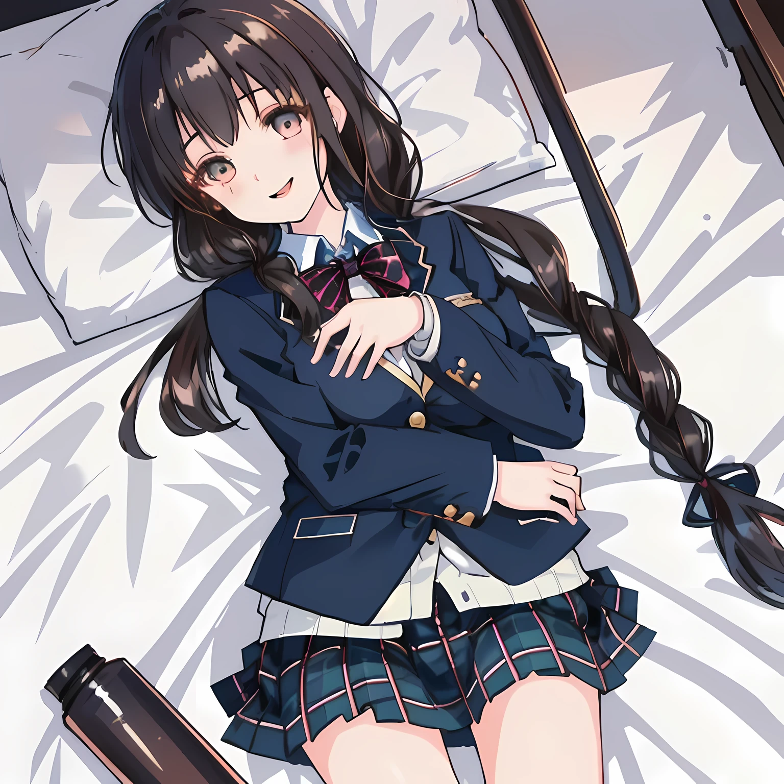 highest quality, (masterpiece:1.2), High resolution, perfect pixel, A very beautiful woman is lying on the bed, ************, ((detailed eyes)), ((girly large wine-red glossy polyester Japanese school ribbon bow tie)), (((long beautiful wavy hair))), ((untied braids)), ((((dark blue & deep navy colored tartan checkered long skirt)))), ((A formal dark blue blazer that is slightly larger and has a gold emblem on the left chest that feels like the texture of the cloth.)), Watching the viewer and laughing, Very fun, Very happy, mouth is open, the skirt is so cute, detailed fingers, modest chest, curled bangs, Lip balm, The background is a black bed in a night room, Beautiful down to the tips of her legs, I want to be intricately intertwined., I want to hug you, checkered comforter, checkered bed sheet, cute long ribbons on the bed