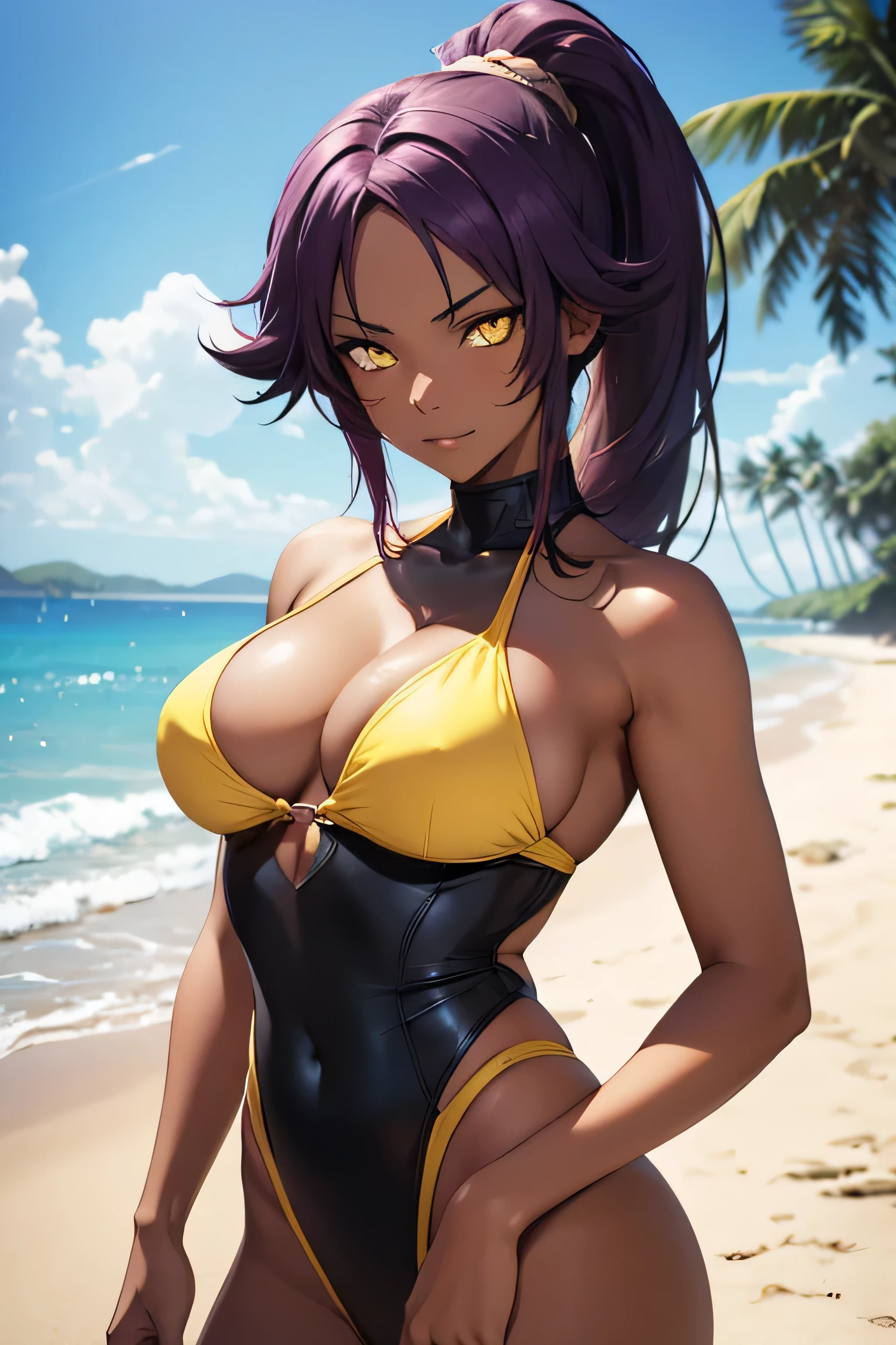 absurdres, high res, ultrasharp, 8K, {masterpiece}, expressive eyes, extremely detailed, best quality, perfect face, yoruichi shihouin, long hair, (yellow eyes:1.5), ponytail, purple hair, dark skin, dark-skinned female, large breasts, pleased, beach, monokini,