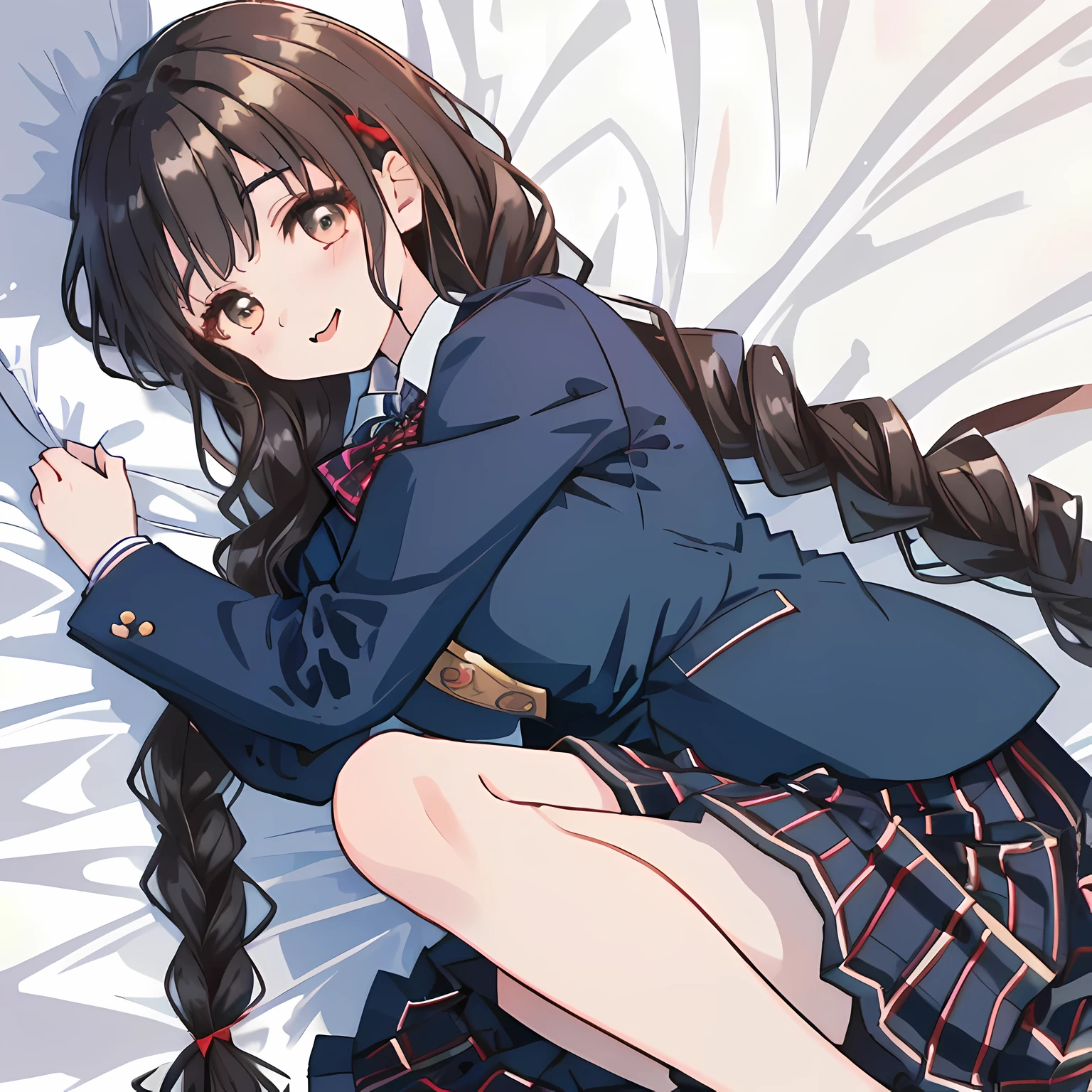 highest quality, (masterpiece:1.2), High resolution, perfect pixel, A very beautiful woman is lying on the bed, ************, ((detailed eyes)), ((girly large wine-red glossy polyester Japanese school ribbon bow tie)), (((long beautiful wavy hair))), ((untied braids)), ((((dark blue & deep navy colored tartan checkered long skirt)))), ((A formal dark blue blazer that is slightly larger and has a gold emblem on the left chest that feels like the texture of the cloth.)), Watching the viewer and laughing, Very fun, Very happy, mouth is open, the skirt is so cute, detailed fingers, modest chest, curled bangs, Lip balm, The background is a black bed in a night room, Beautiful down to the tips of her legs, I want to be intricately intertwined., I want to hug you, checkered comforter, checkered bed sheet, cute long ribbons on the bed