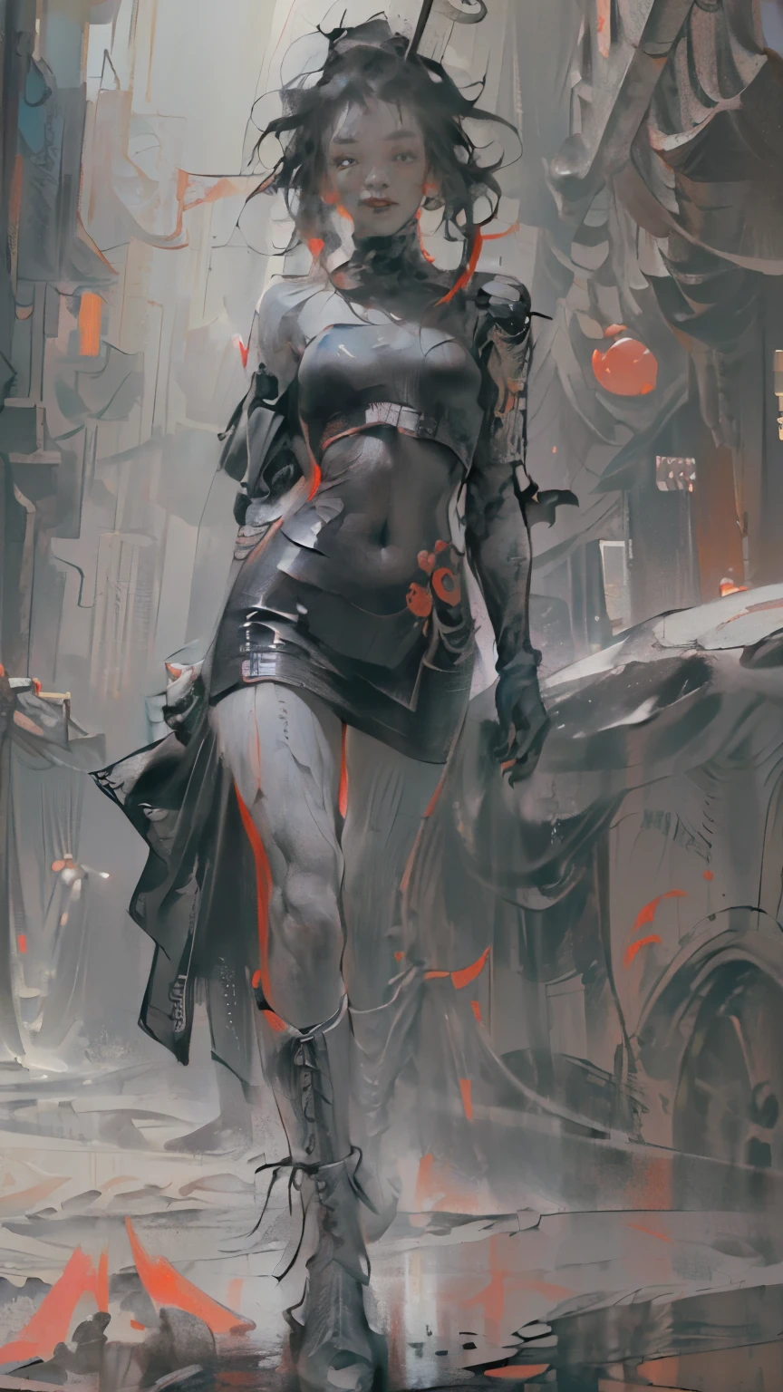 (((Create one girl 16+ years old.), (realistic), (close-up), (stands all tall)), ((Dark and mysterious), (Night, rain blood, gothic anime girl)))_(( (Gothic unusual masterpiece of art))_((Beautiful figure, half-turn 16+ years),(realistic)),((small peach breasts, graceful figure, narrow waist, smooth hips)),((long double braids),(tight braids), (braided hair),(dark hair)),((red lips)), ((smile)))_ ((((Shiny skin:1.5, white skin, light skin: 1.5)),((sexy),(erotic),(cute)))_(((Bare shoulders, black lace dress)),(((black chiffon dress, very short dress, tight-fitting), (black), (transparent lace dress)),((stands almost completely naked, tattoos)))_(((Arms in elbow pads, palms in tactical gloves),(bare thighs, stomach )),((legs in combat knee pads, thigh-high stockings)), ((chunky leather lace-up boots)))_(((Impressive artistry, exquisite detail, dramatic lighting, vibrant red hues), (stunning lily flowers, red with black), (sinister lily flowers, strange symbols, surreal elements))_((Strong contrasts, eerie, artistic masterpiece, detailed textures, dark color palette, foreboding horror)))_(((Digital painting, anime style , cyberpunk), (best quality, 4k, high resolution, masterpiece: 1.2)))