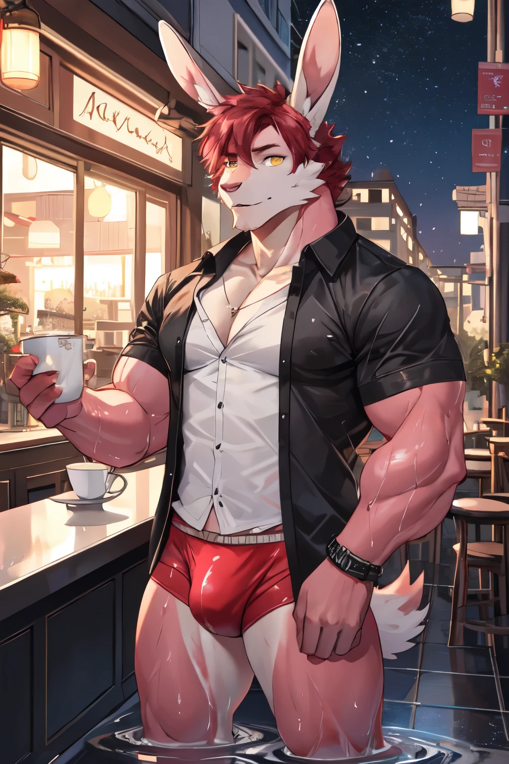 ((best quality)), ((masterpiece)), (detailed), perfect face, bara furry, rabbit man, big body, pink skin, short jackson wang red hair, yellow eyes, perfect eyes, long rabbit ears, wet body, handsome, at cafe, night background, opened shirt, red underwear
