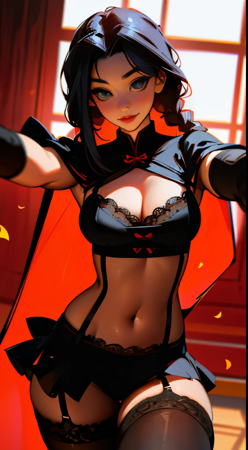 Chinese girl,Sexy figure,Hot body,Throw a handful of rose petals from your hand,Pointing at the camera,(Petals fly towards the camera),Vintage lace,Sexy clothing,Lace mesh sheer bra,Lace mesh sheer panties,deep v big breasts,nedium breasts,Leaky belly button,Mesh cape,Suspender black stockings,Flowing twisted braids,(looking to the camera),Seductive eyes,The picture is extremely tempting,Dashing,big breasts exposed cleavage,The kinky is exposed,Taste,Raised sexy,carismatic,Dynamic,Large viewing angle,tmasterpiece,(8K)(High quality details)(super high image quality)(best qualtiy)The picture is complete