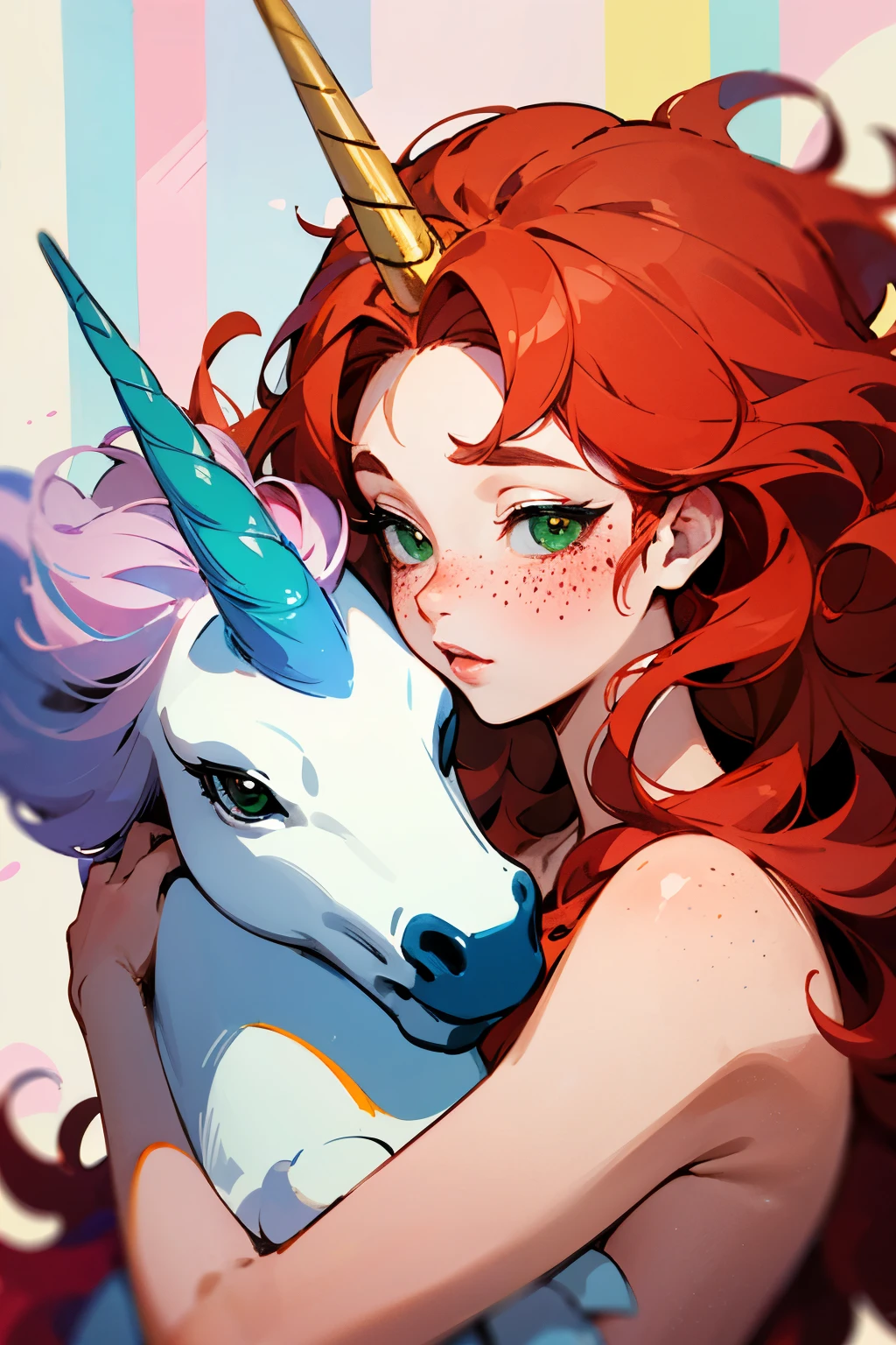 fluffy naked unicorn, bright red wavy hair, manga style, female head, freckles on the red face, unicorn horn, rainbow marshmallow background, green eyes