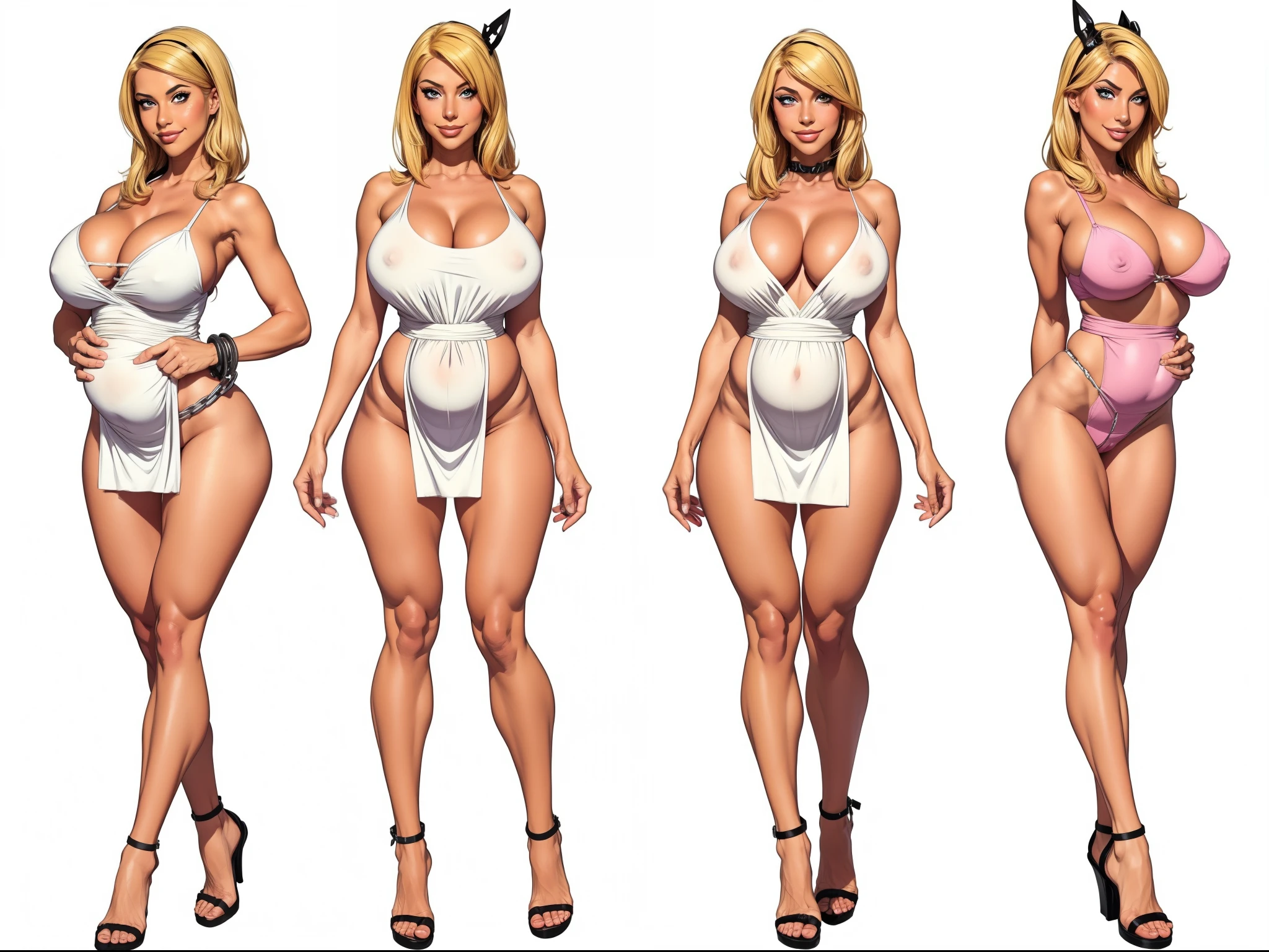 ((masterpiece)),(((best quality))),((character design sheet)), ((full body view)) illustration,Catalogue of sex slaves,1girl, thick thighs, ((detailed face:1.4)) Just the right kind of -yeld jaese sunburn pregnant kuro Gyaru for promiscuous sex friend, rough sketches, between breasts,big breasts,wearing an short apron without any clothes on and Chain of sex slaves,hair accessories,seductive grin smug,solid color backdrop, clean backdrop,