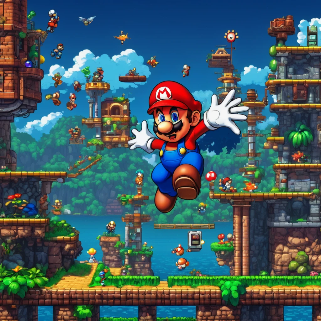 (super mario,rockman,mega man,retro game:1.1),(platform game:1.1),pixel art,old school graphics,(best quality,4k,8k,highres,masterpiece:1.2),vibrant colors,classic 8-bit sound effects,action-packed,exciting gameplay,adventurous levels,detailed backgrounds,playable characters,power-ups,enemies,tricky obstacles,adrenaline rush,jumping and running,iconic characters,collecting coins,bonus stages,multiplayer mode,fast-paced,retro gaming nostalgia