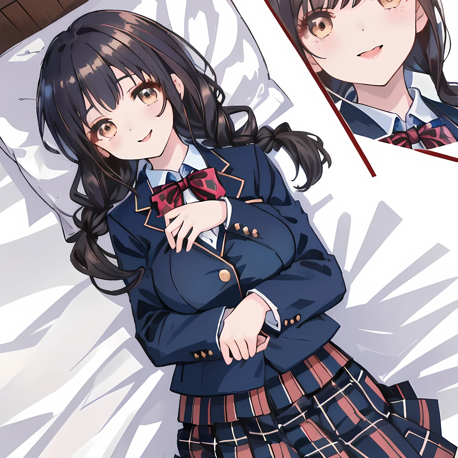 highest quality, (masterpiece:1.2), High resolution, perfect pixel, A very beautiful woman is lying on the bed, , ((detailed eyes)), ((girly large wine-red glossy polyester Japanese school ribbon bow tie)), (((long beautiful wavy hair))), ((untied braids)), ((((dark blue & deep navy colored tartan checkered long skirt)))), ((A formal dark blue blazer that is slightly larger and has a gold emblem on the left chest that feels like the texture of the cloth.)), Watching the viewer and laughing, Very fun, Very happy, mouth is open, the skirt is so cute, detailed fingers, modest chest, curled bangs, Lip balm, The background is a black bed in a night room, Beautiful down to the tips of her legs, I want to be intricately intertwined., I want to hug you, checkered comforter, checkered bed sheet, cute long ribbons on the bed, long eyelashes