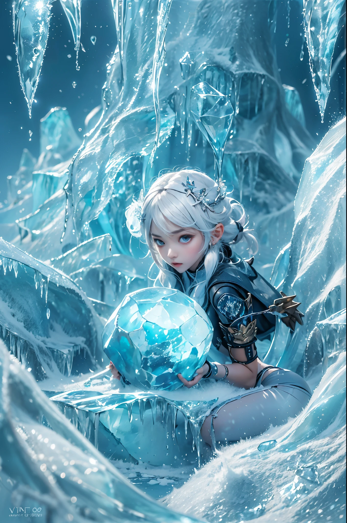 (((1 girl))),dynamic poses,(skirt made of ice:1.5),ice crystals,frozen fluid,(((icicle))),Ice mist,Ice particle effects,(Iceberg background:1.2),frozen rock,sitting on frozen rocks,,Amazing results,,best quality,masterpiece,ultra high resolution,detailed,8K resolution,chiaroscuro,NVIDIA RTX