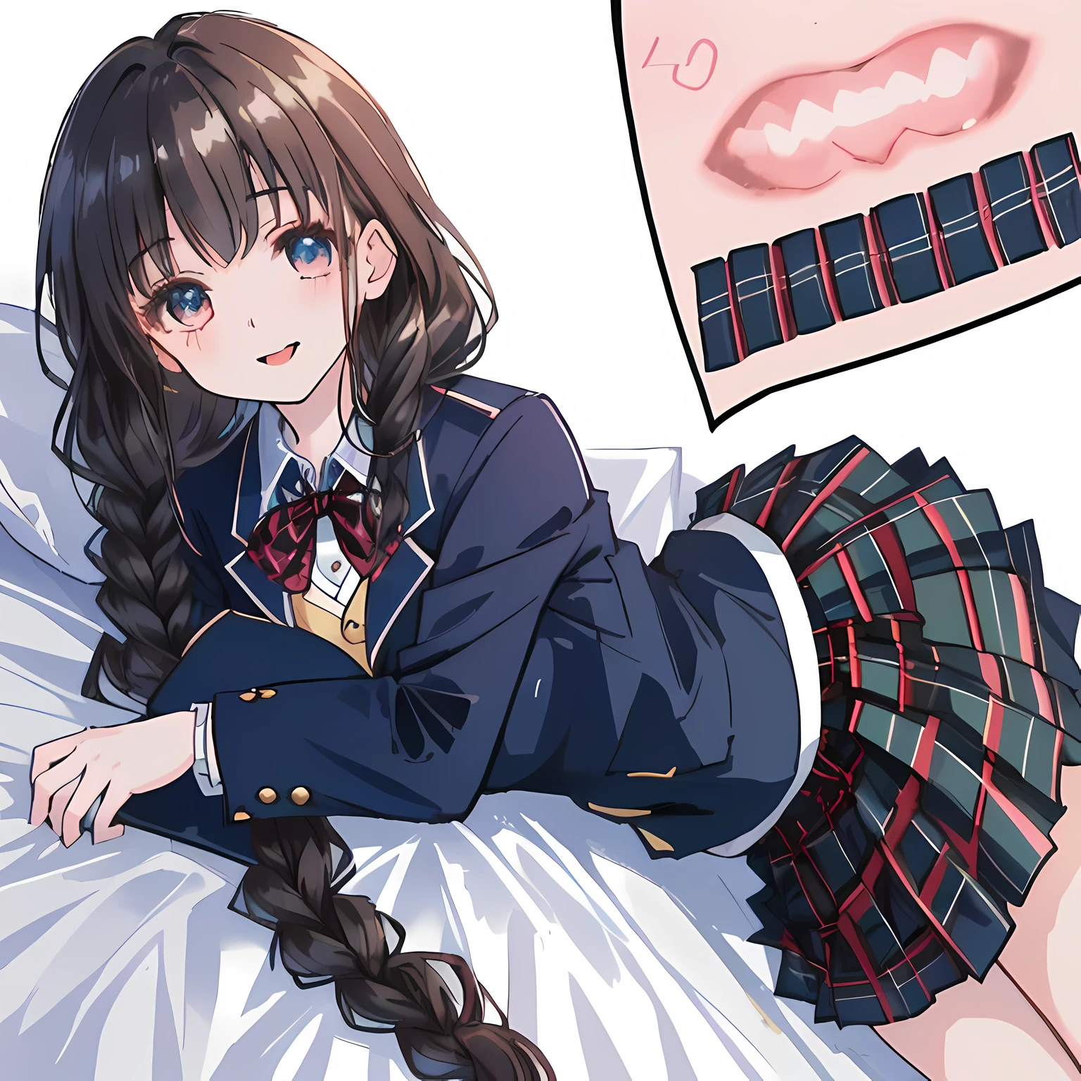 highest quality, (masterpiece:1.2), High resolution, perfect pixel, A very beautiful woman is lying on the bed, ************, ((detailed eyes)), ((girly large wine-red glossy polyester Japanese school ribbon bow tie)), (((long beautiful wavy hair))), ((untied braids)), ((((dark blue & deep navy colored tartan checkered long skirt)))), ((A formal dark blue blazer that is slightly larger and has a gold emblem on the left chest that feels like the texture of the cloth.)), Watching the viewer and laughing, Very fun, Very happy, mouth is open, the skirt is so cute, detailed fingers, modest chest, curled bangs, Lip balm, The background is a black bed in a night room, Beautiful down to the tips of her legs, I want to be intricately intertwined., I want to hug you, checkered comforter, checkered bed sheet, cute long ribbons on the bed, long eyelashes