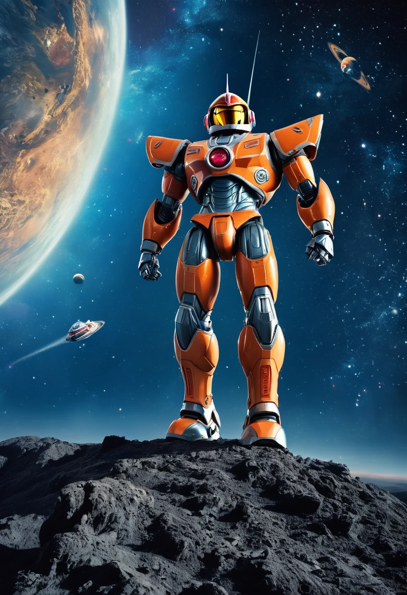 He Man themed super robot, dramatic pose in space, He Man standing on shoulder in space suit