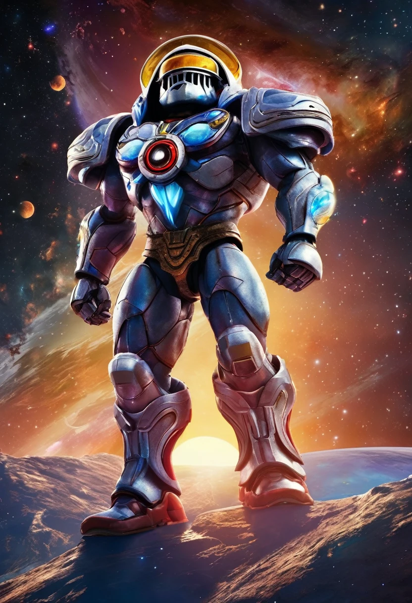 He Man themed super robot, dramatic pose in space, He Man standing on shoulder in space suit