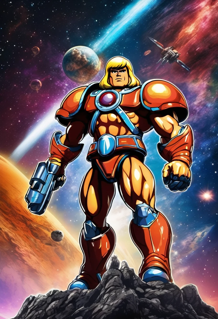 (best quality,highres),he-man themed super robot,heroic pose,standing in space suit on a shoulder,cosmic background,huge and detailed metal structure,glowing energy sword,serious determination in the eyes,vivid colors,sci-fi rendering,dynamic lighting,impressive power and strength,action-packed scene