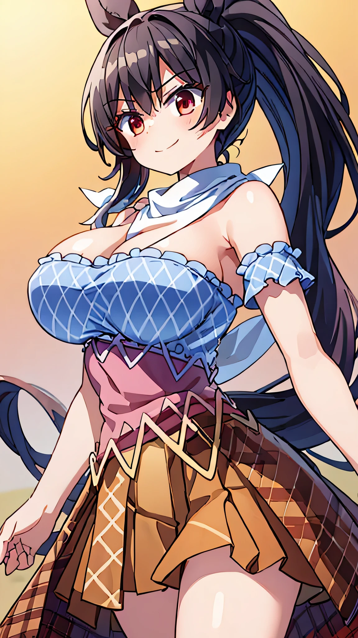 1 girl,cowboy ，((big breasts)) ，smile,high quality,figure，have,black hair,long hair,ponytail,red eyes,bandana, white scarf,colorful clothes,bare shoulders,short sleeve,blue shirt,wing,colorful dresses, brown skirt,plaid skirt,overskirt,horse tail,Remains
