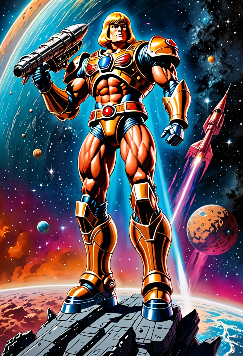 (best quality,highres),he-man themed super robot,heroic pose,standing in space suit on a shoulder,cosmic background,huge and detailed metal structure,glowing energy sword,serious determination in the eyes,vivid colors,sci-fi rendering,dynamic lighting,impressive power and strength,action-packed scene