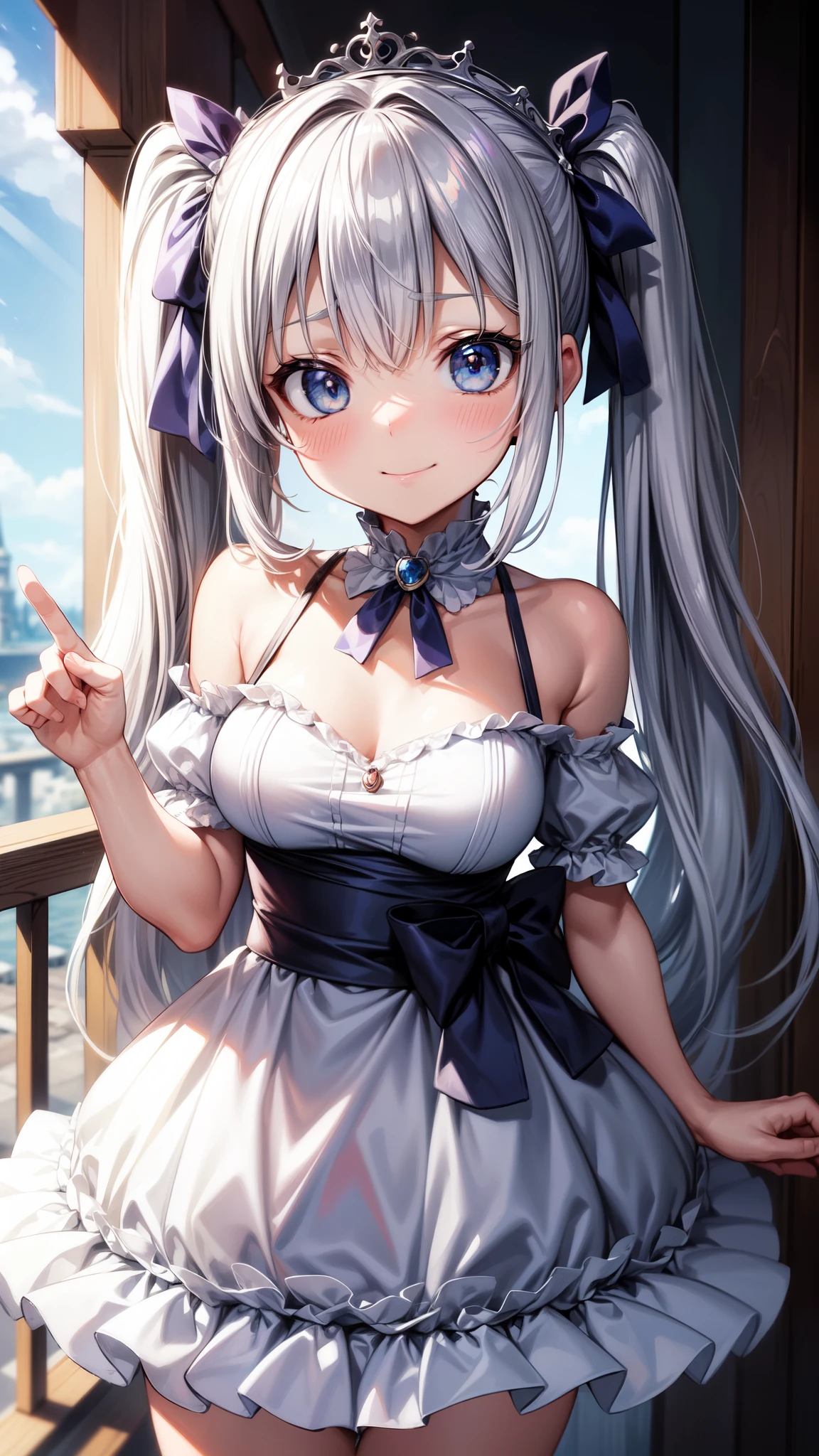 (Ultra-high resolution of the highest quality, masutepiece, Best Quality, 8K, Super Detail, Best Quality:1.3), 1 girl, large breasts, drooping eyes, blush cheek, long twin tails, silver hair, smile, blue eyes, ribbons in hair, large frilled gown, tiara, blue sky, Europe castle, balcony, front view, sunshine, beautiful hair, cute face, cool