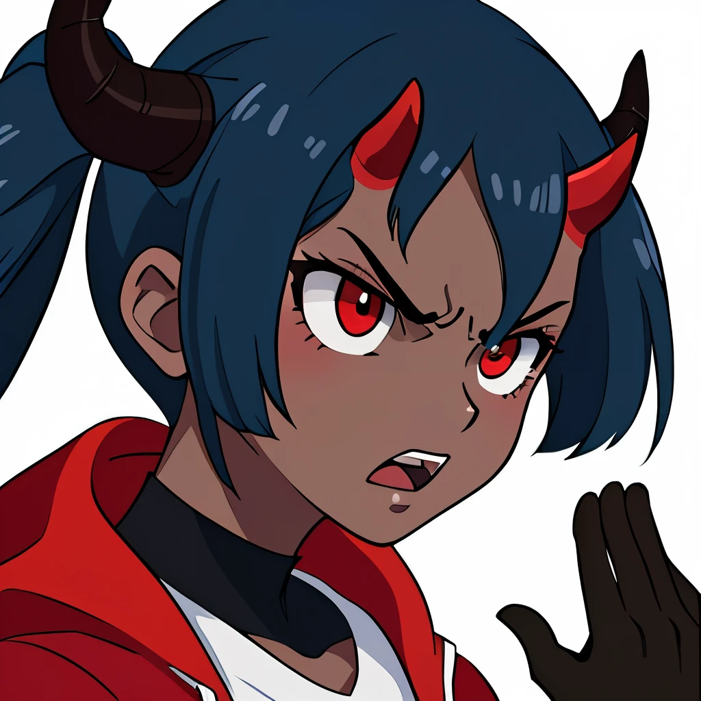 1 cute girl，Disney style，Black strokes，Different emotions，8K, dark skinned, blue hair, horns, red eyes, ((angry)),((black demon horns)), ((dark skinned)),  twin tails