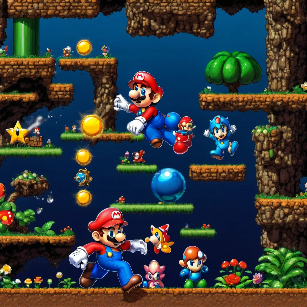 (super mario,rockman,mega man,retro game:1.1),(platform game:1.1),pixel art,old school graphics,(best quality,4k,8k,highres,masterpiece:1.2),vibrant colors,classic 8-bit sound effects,action-packed,exciting gameplay,adventurous levels,detailed backgrounds,playable characters,power-ups,enemies,tricky obstacles,adrenaline rush,jumping and running,iconic characters,collecting coins,bonus stages,multiplayer mode,fast-paced,retro gaming nostalgia