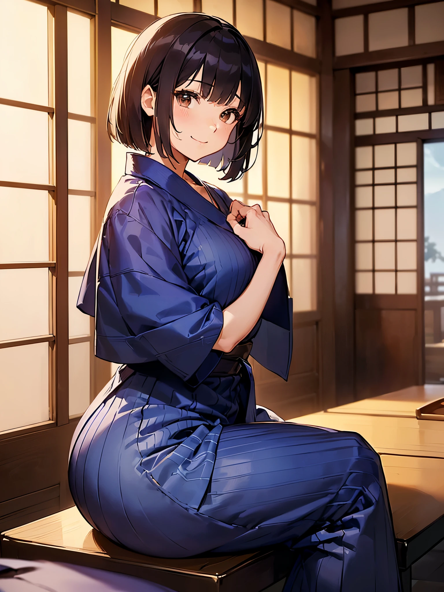 (((A long indigo yukata and jacket from a simple inn:1.3、smile:1.3、short sleeve:1.3、cowboy shot、Sitting upright on a cushion:1.3))),(((one woman:1.3)))、(((brown hair、fluffy wavy hair:1.3、bob cut:1.3、Bangs flowing to the side:1.3、round eyes、brown eyes、beautiful woman:1.3、big chest:1.3、big butt))),break,Japanese-style room at a ryokan:1.3,tatami:1.3、Fusuma:1.3、night:1.3、Enjoying the food and drinks on the table:1.3