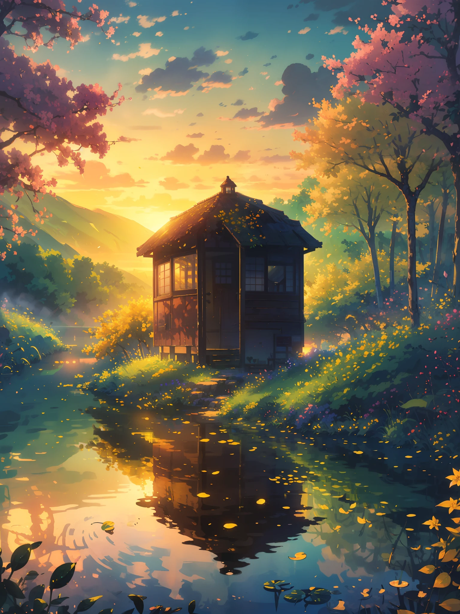 (masterpiece:1), (wide view:1.7),(red hut near a lake:1.9), (nature:1.3), (sunset time:1.6), (yellow and orange trees:1.65), silence, (ghibli style:1.5), (lily leaves:1.5), (reflection:1.7), (bright light:1.5), magnificent sky, (volumetric light:1.2), peaceful, (ripples:1.4), (covered with yellow Bougainville flowers:1.5),(dim light:1.3), (calmness:1.3), (vibrant colors:1.5), (scenery:1.4), (beautiful aesthetics:1.2), (landscape:1.5), (muddy path:1.4) beautiful tones, subtle colors, peaceful, (illustration: 1.0), epic composition, realistic lighting, (no human:1.6), HD details, masterpiece, best quality, ,