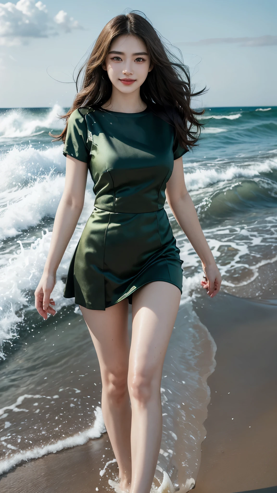 Slender Asian Girl, 8k, masterpiece, RAW photo, best quality, photorealistic, extremely detailed CG unity 8k wallpaper, Depth of field, Cinematic Light, Lens Flare, Ray tracing, (extremely beautiful face, beautiful lips, beautiful eyes), intricate detail face, ((ultra detailed skin)), kpop-idol, ((Beach Walking)), ((Big waves in Sea)), Legs in waves, cocktail in hand, ((satin silky Royal green T-shirt)), ((satin silky Violet knee length skirt)), ((Knee length skirt)), ((Top Quality, 8K, Masterpiece: 1.3)), sharp focus: 1.2, a beautiful woman with perfect figure: 1.4, ((Beautiful Big smile)), ((smile: 1.2)), The face and skin texture are delicately depicted, Detailed Eyes, skiny, beautifull face, symmetrical face, full-length, Walking in sand and sea water, Sexy poses, ((Super Round breasts under the dress)) , Beautiful Thighs, ((Perfect thighs)), stylish Poses,