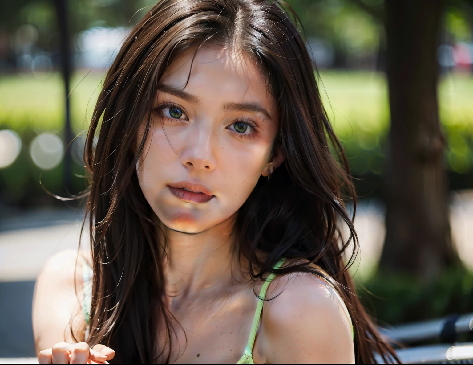 A photorealistic portrait of a 25-year-old American girl with long, dark brown hair and striking green eyes. She should have a natural, approachable expression. Fitness model type