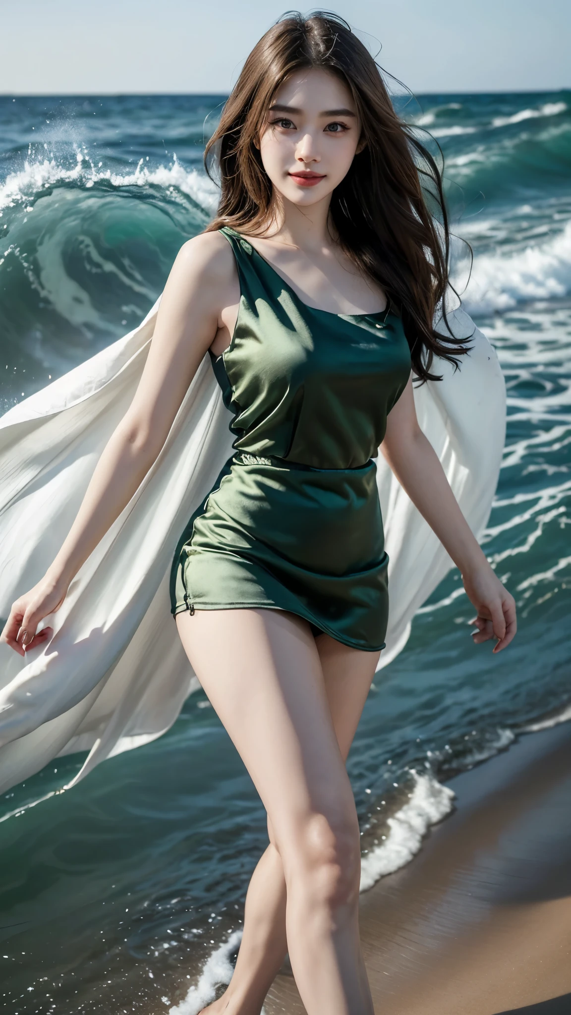Slender Asian Girl, 8k, masterpiece, RAW photo, best quality, photorealistic, extremely detailed CG unity 8k wallpaper, Depth of field, Cinematic Light, Lens Flare, Ray tracing, (extremely beautiful face, beautiful lips, beautiful eyes), intricate detail face, ((ultra detailed skin)), kpop-idol, ((Beach Walking)), ((Big waves in Sea)), Legs in waves, cocktail in hand, ((satin silky Royal green T-shirt)), ((satin silky Violet knee length skirt)), ((Knee length skirt)), ((Top Quality, 8K, Masterpiece: 1.3)), sharp focus: 1.2, a beautiful woman with perfect figure: 1.4, ((Beautiful Big smile)), ((smile: 1.2)), The face and skin texture are delicately depicted, Detailed Eyes, skiny, beautifull face, symmetrical face, full-length, Walking in sand and sea water, Sexy poses, ((Super Round breasts under the dress)), stylish Poses,
