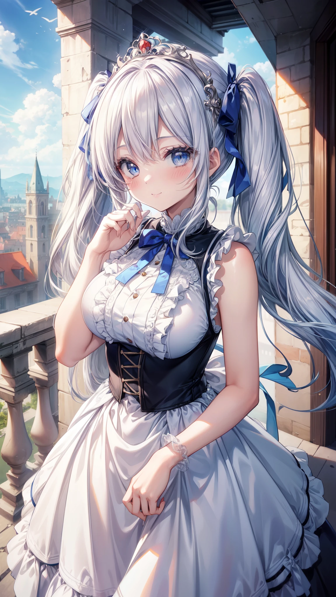 (Ultra-high resolution of the highest quality, masutepiece, Best Quality, 8K, Super Detail, Best Quality:1.3), 1 girl, large breasts, drooping eyes, blush cheek, long twin tails, silver hair, smile, blue eyes, ribbons in hair, large frilled gown, tiara, blue sky, Europe castle, balcony, front view, sunshine, beautiful hair, cute face, cool