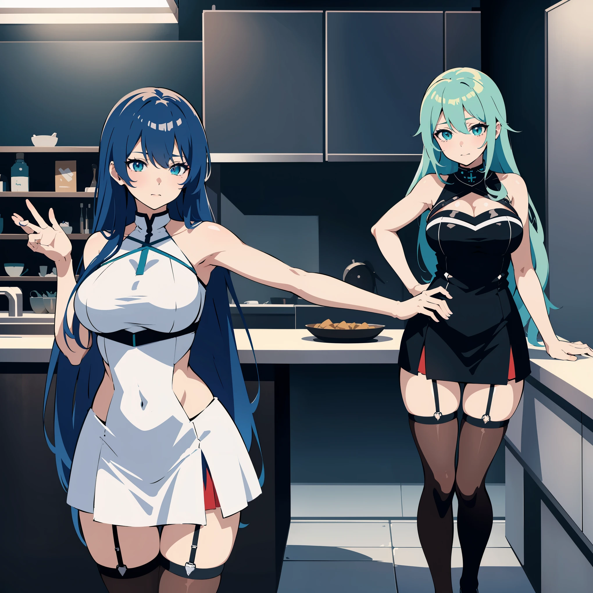 Anime girl with blue hair and black stockings posing in a kitchen, anime moe artstyle, seductive anime girl, anime girl with teal hair, kantai collection style, nightcore, mikudayo, best anime 4k konachan wallpaper, top rated on pixiv, high quality anime artstyle, female action anime girl, azur lane style