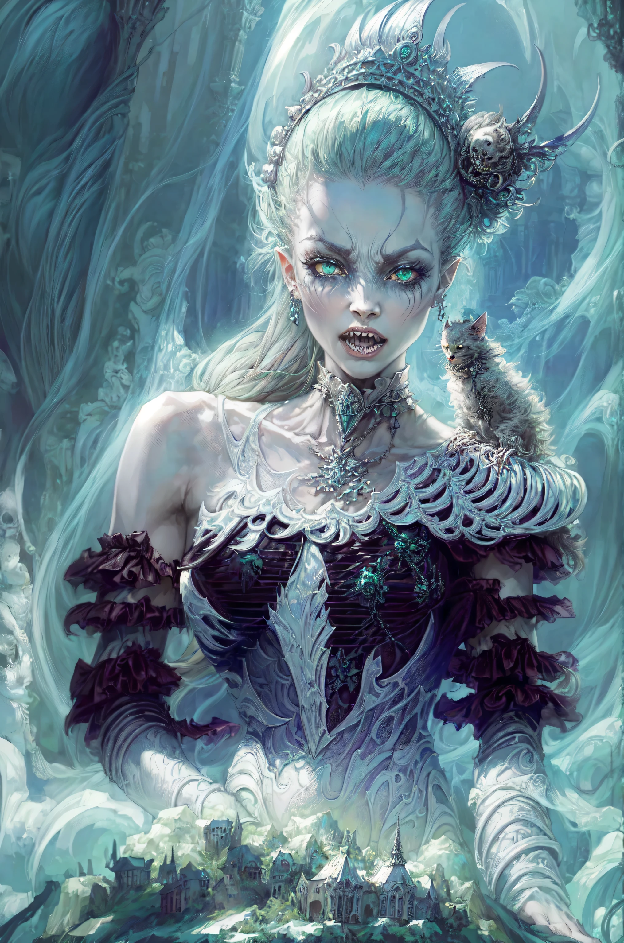 (dark fantasy), (Ultra Wide Angle Moonlight), In front of a Gothic castle, a skeleton maid, dressed in tattered maid attire,green eyes, (Open mouth) , conceptual digital art, Azure blue and gray, (masterpiece, best quality, UHD, extremely detailed, Cinematic Lighting),depth of field, super visual