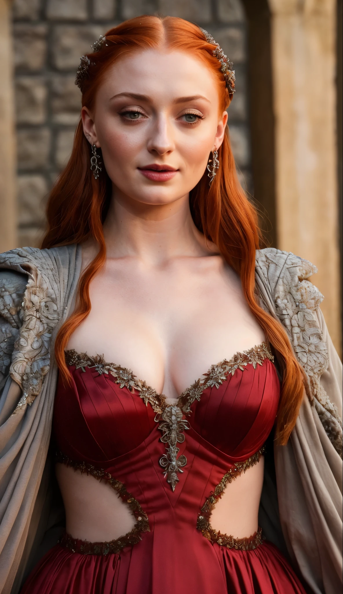 Face of Sophie Turner, Sansa Stark played by Sophie Turner, the de facto Lady of the Eyrie, is a 40-year-old mature queen with a stunning, alluring appearance. Full Face, pierced eyes, reddish lips, upper body shot, erotic Mediaeval costumes, game of thrones costumes, She wears a Game of Thrones-inspired costume and has a deep cleavage, a perfect thick body, and a perfect thick figure. The photograph captures her in a close-up, with her skin texture and facial features being ultra-realistic and realistic.