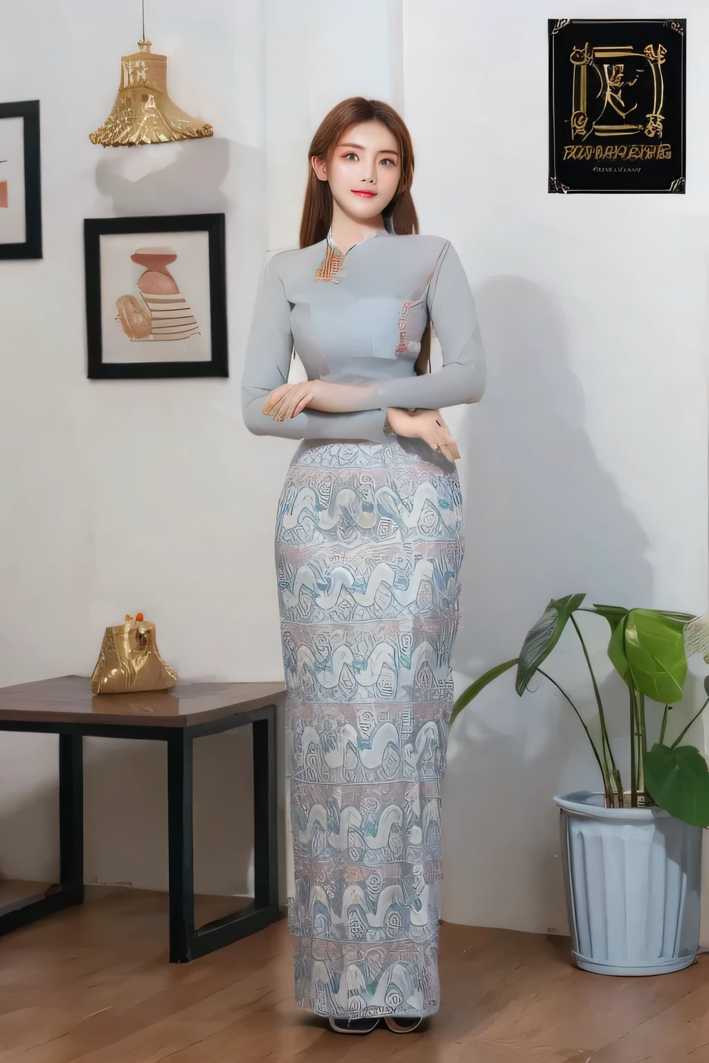 1girl, Standing or sitting in old Wooden Gold Palace, Blue Flowers, Perfect and Amazing Body Ratio, Beautiful Hips, Perfect Urinal, Beautiful Face and Hair, Perfect face of skin, lip, ear, hand, finger, body fix, high resolution, 4k, 8k, Bokeh, in home, leaf falling , spring, black bra, free hand, full body view, perfect style and pose, ACMM LS OUTFIT, WEARING ACMM TOP, OLIVE GREEN ACMM TOP, LONG SLEEVES, WEARING ACMM LONG SKIRT, OLIVE GREEN ACMM LONG SKIRT, PRINTED SKIRT, hyperrealistic, realistic, natural, Super Raw Photo, Raw, Detailed, 4k, hd, amazing people photography, Canon 5D mark iv with 70-200mm F2.8, Bokeh, soft lighting, soft beautiful lighting, big softbox lighting, studio lighting, ring lighting, back light, soft keylight, amazine image.

