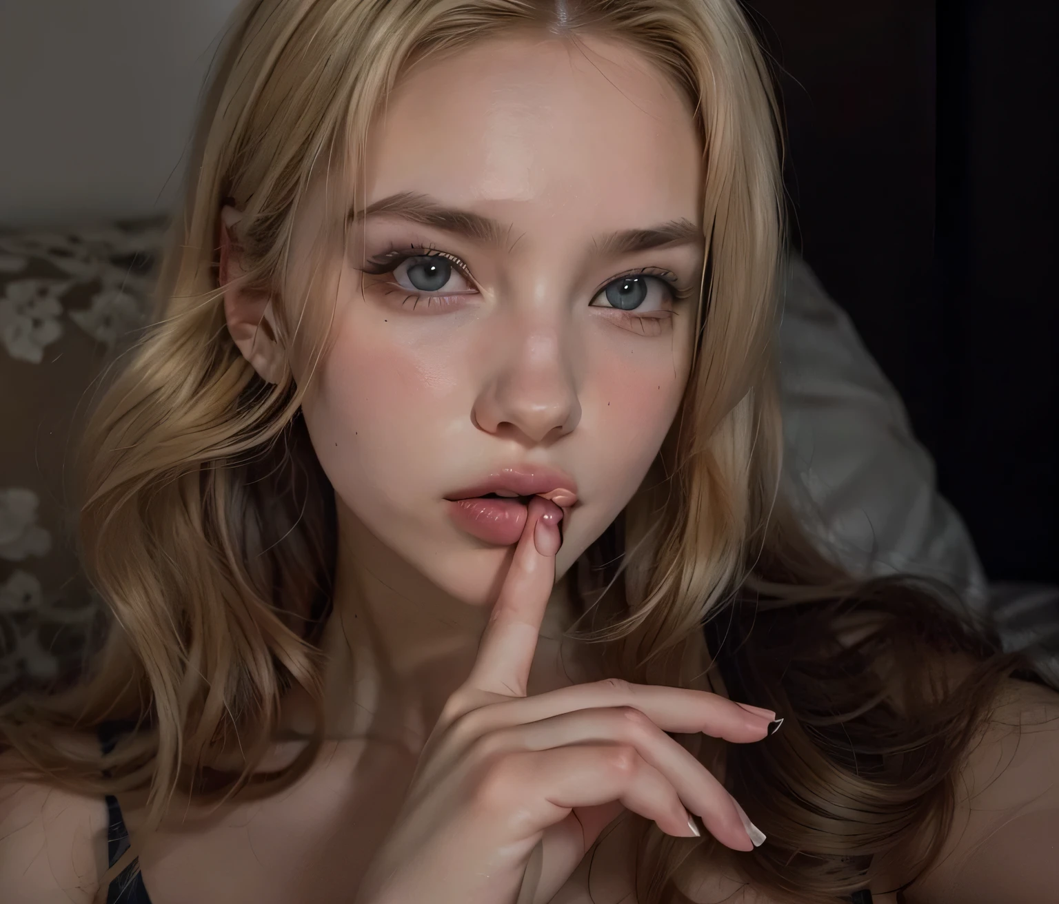 blond woman with finger on lips in bed with sheets and sheets, yelena belova, viktoria gavrilenko, russian girlfriend, anna nikonova aka newmilky, julia gorokhova, aleksandra waliszewska, 18 years old, thick lips, sexy lips, tongue out, alexa grace, hand on her chin, angelawhite