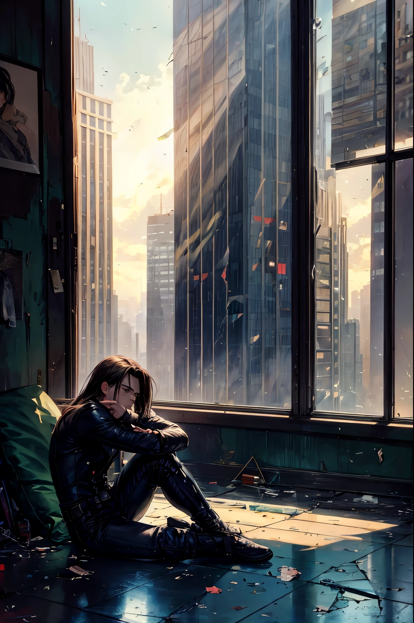 Bucky Barnes, sitting on his knees, lowered his head, disappointed, looks at the floor, center position, broken glass all around, broken window in the background, a rich living room in the background, skyscrapers on the street below