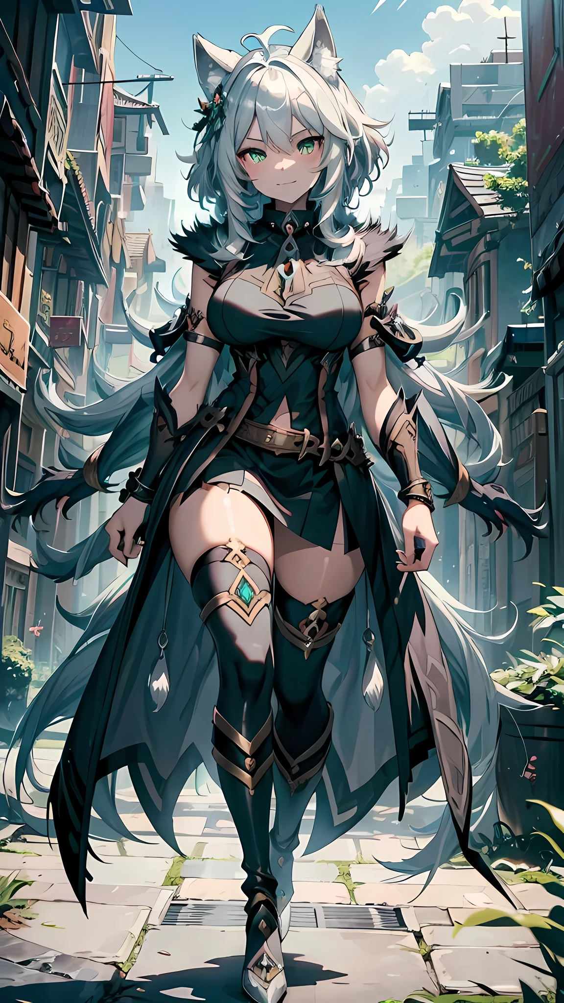 (masterpiece), best quality, expressive eyes, perfect face,razor (genshin impact),werewolf girl, ((fluffy skin)),((silver hair)), paws on foots, fluffy fur on body, ((fangs)), ((claws)), huge metal bracelets, huge metal collar, high over-the-knee boots, light green eyes, extremely_detailed_(lacy, fur, silk, satin)_(clothing, skirt), detailed face, detailed beautiful shiny eyes, slit pupils, metallic reflections, futuristic city square,(((1girl))), portrait, (full body), big breasts, medium length hair