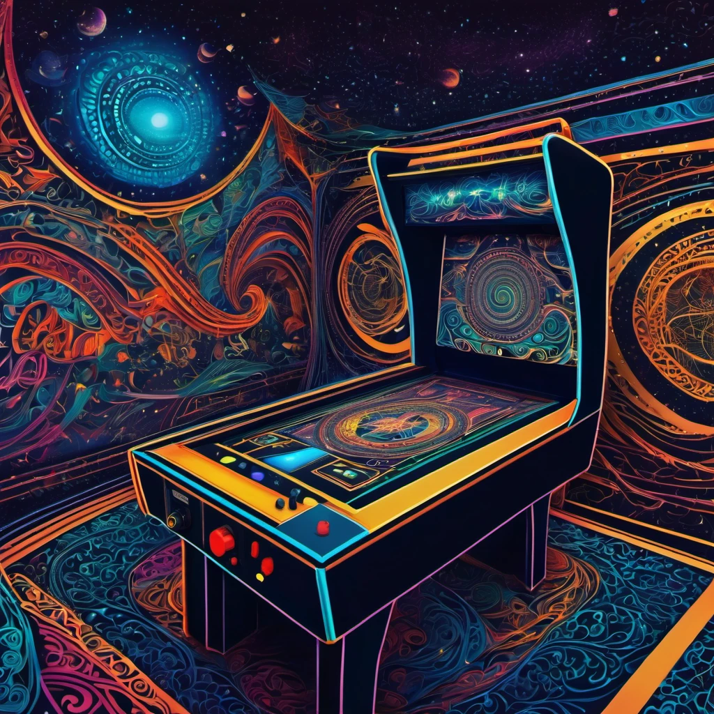 (best quality, highres, ultra sharp), magical atari games, arcade, reto games room, about the curvature of space time, zentangle lines, art decostyle , full colored, 3d crunch, dark tones,