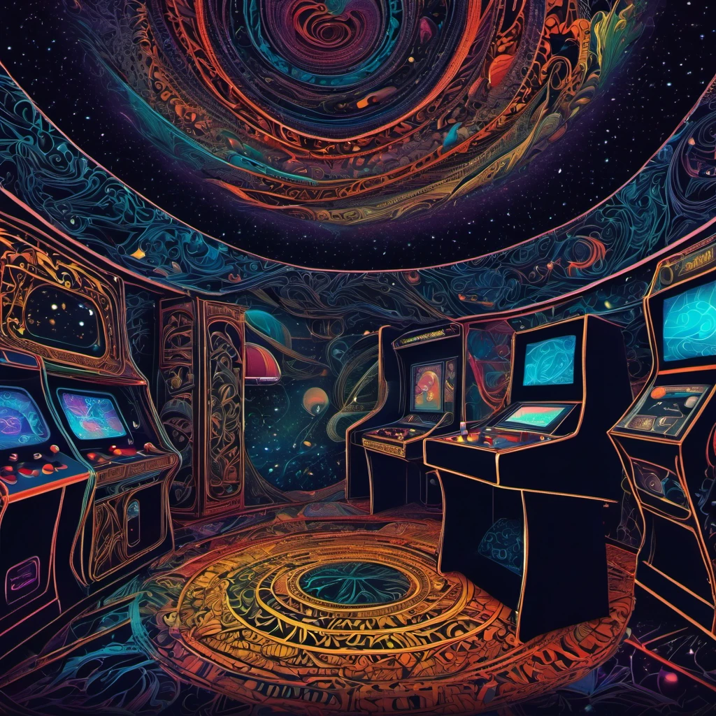 (best quality, highres, ultra sharp), magical atari games, arcade, reto games room, about the curvature of space time, zentangle lines, art decostyle , full colored, 3d crunch, dark tones,
