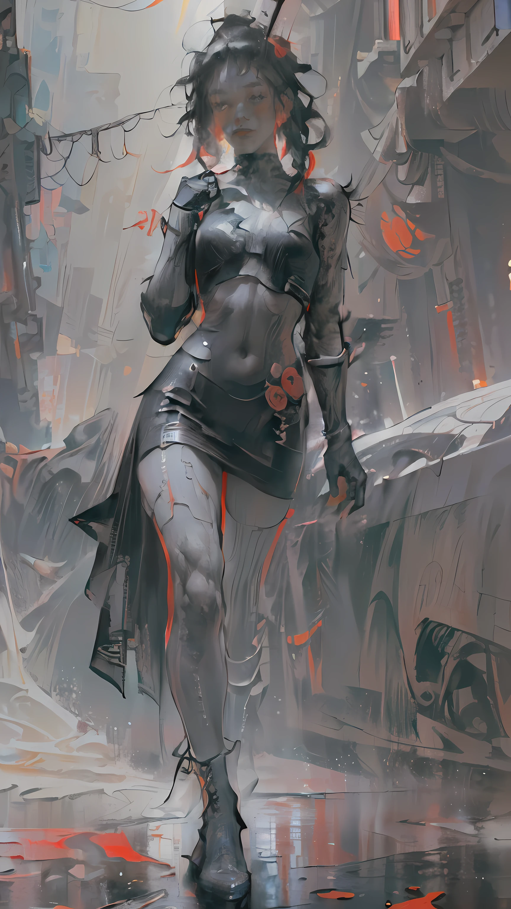 (((Create one girl 16+ years old.), (realistic), (close-up), (stands all tall)), ((Dark and mysterious), (Night, rain blood, gothic anime girl)))_(( (Gothic unusual masterpiece of art))_((Beautiful figure, half-turn 16+ years),(realistic)),((small peach breasts, graceful figure, narrow waist, smooth hips)),((long double braids),(tight braids), (braided hair),(dark hair)),((red lips)), ((smile)))_ ((((Shiny skin:1.5, white skin, light skin: 1.5)),((sexy),(erotic),(cute)))_(((Bare shoulders, black lace dress)),(((black chiffon dress, very short dress, tight-fitting), (black), (transparent lace dress)),((stands almost completely naked, tattoos)))_(((Arms in elbow pads, palms in tactical gloves),(bare thighs, stomach )),((legs in combat knee pads, thigh-high stockings)), ((chunky leather lace-up boots)))_(((Impressive artistry, exquisite detail, dramatic lighting, vibrant red hues), (stunning lily flowers, red with black), (sinister lily flowers, strange symbols, surreal elements))_((Strong contrasts, eerie, artistic masterpiece, detailed textures, dark color palette, foreboding horror)))_(((Digital painting, anime style , cyberpunk), (best quality, 4k, high resolution, masterpiece: 1.2)))
