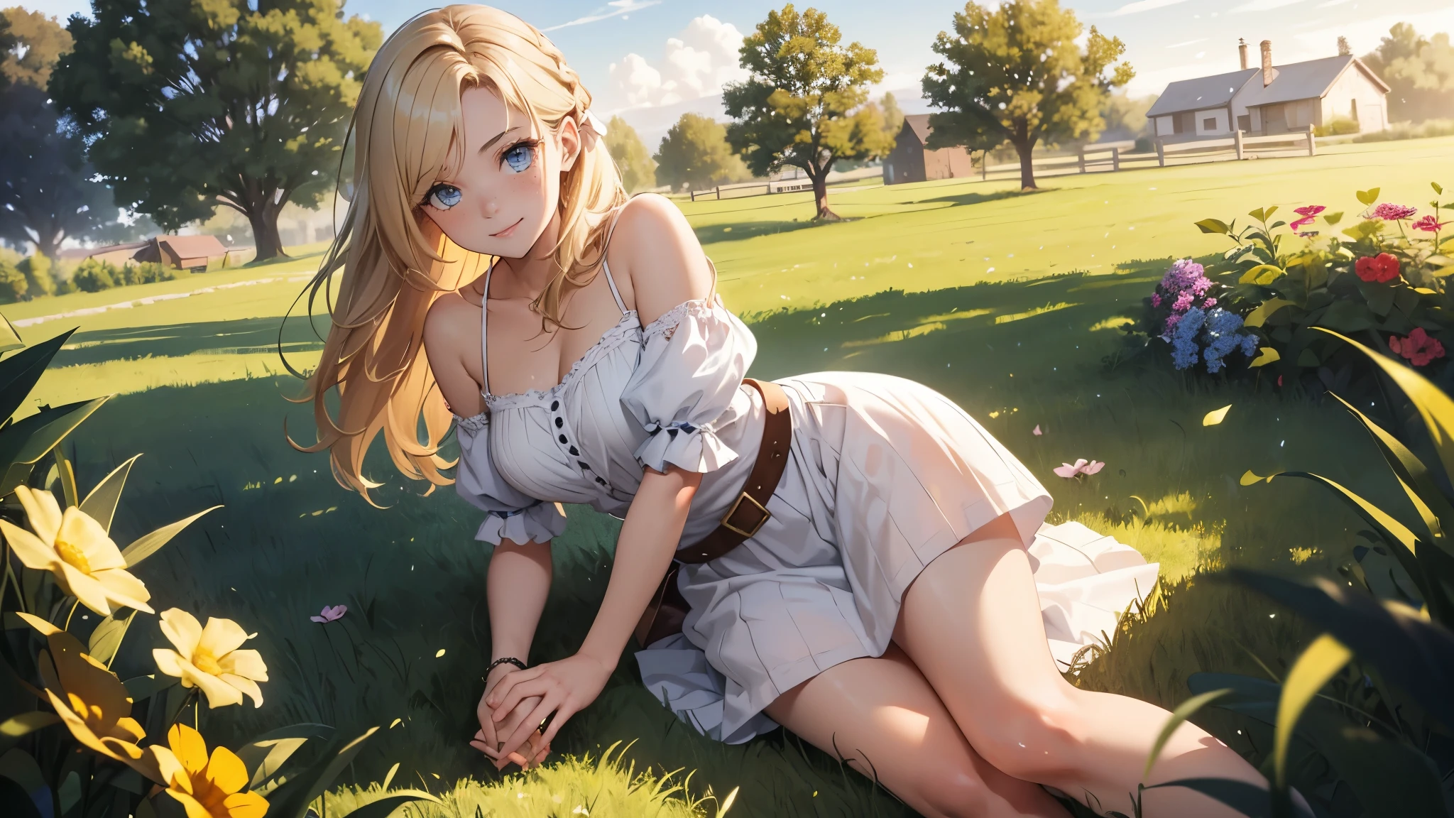 ((masterpiece,best quality,ultra detailed,ultra high res,detailed country yard background)), soft realistic focus, dynamic shadows, realistic image, vibrant colors,light leaks,dreamy atmosphere,chiaroscuro,BREAK 
experimental charm, The girl is depicted in full growth, you see the girl from head to toe, nostalgic appeal, country girlfriend, she take you with yourself, simple open short dress, soft mischievous smile, freckles, blonde hair, big sister pose, thick braids, hands resting on the hips on the belt and legs widely spaced, slightly leaning forward, flashback of memories, blonde, holding your hand

